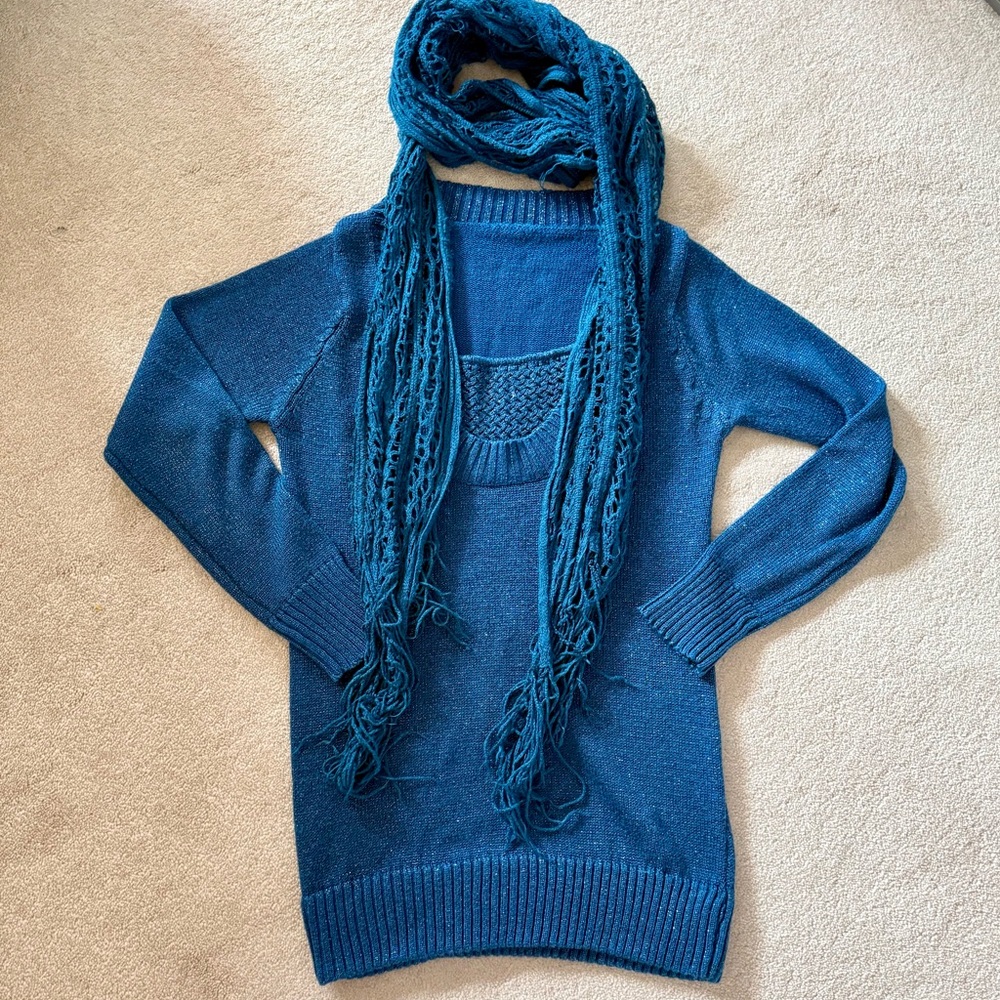 Dark Teal with Silver Thread Knitted Sweater and Chic Scarf Set